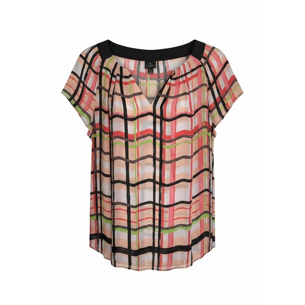 Worthington Woman Geometric Chiffon Short Ruffle Sleeve V-Neck Blouse Size 1X